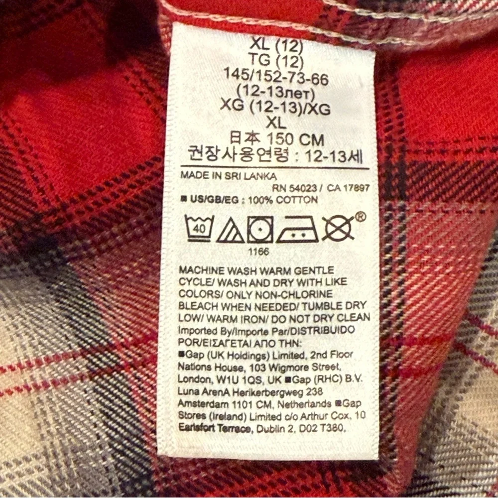 NWT Gap Kids Organic Cotton Flannel Red Plaid Button Front‎ Shirt Sz XL/12